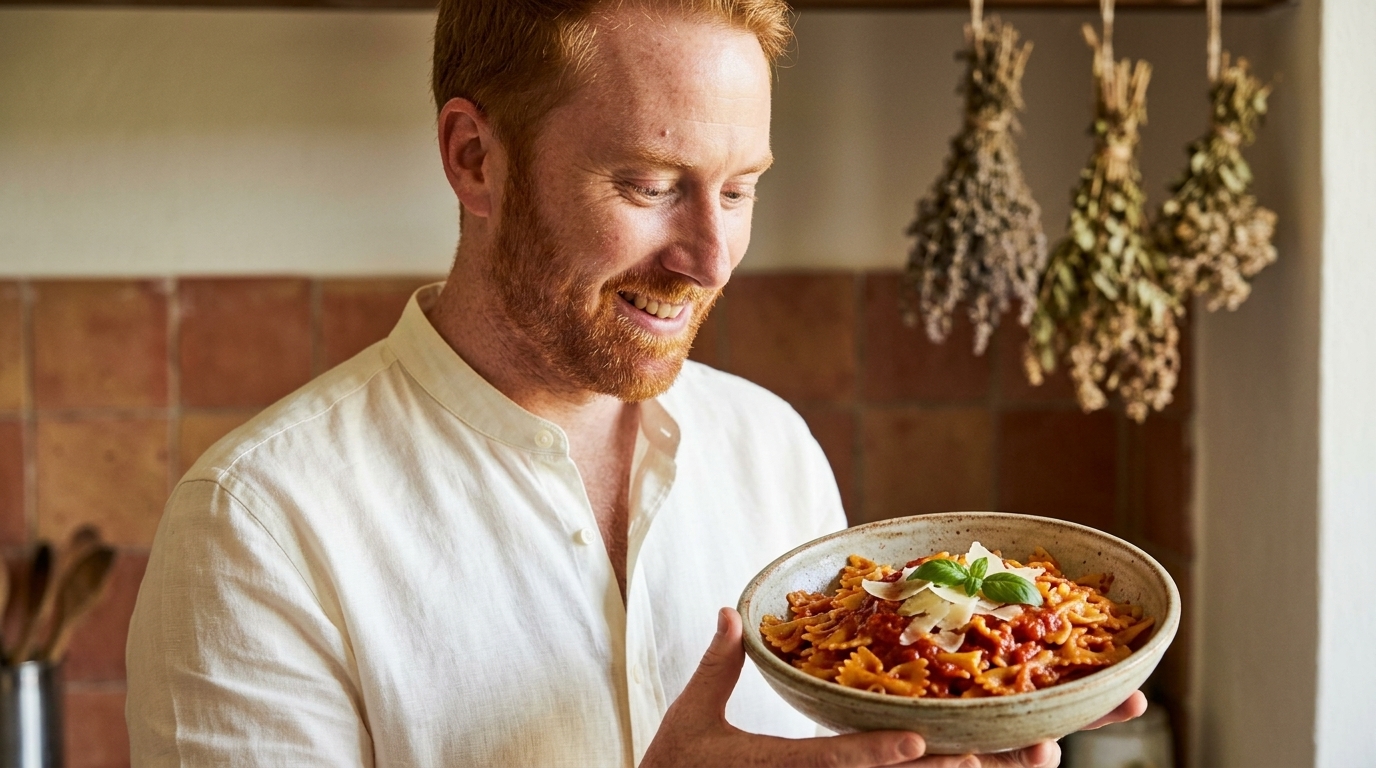 Chris Goodall cooking Farfalle with Slow-Roasted Heirloom Tomato Sauce and Shaved Parmigiano