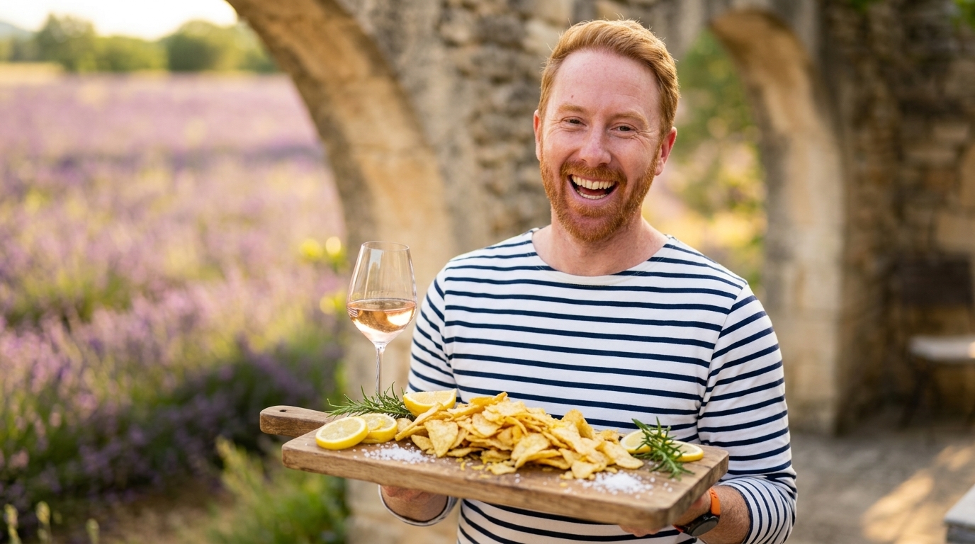 Chris Goodall cooking Lemon-Zest Crushed Chip Snack Board with Sea Salt and Rosé