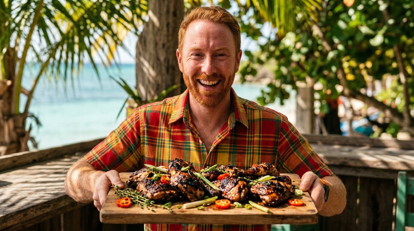 Chris Goodall cooking Jamaican Jerk Chicken