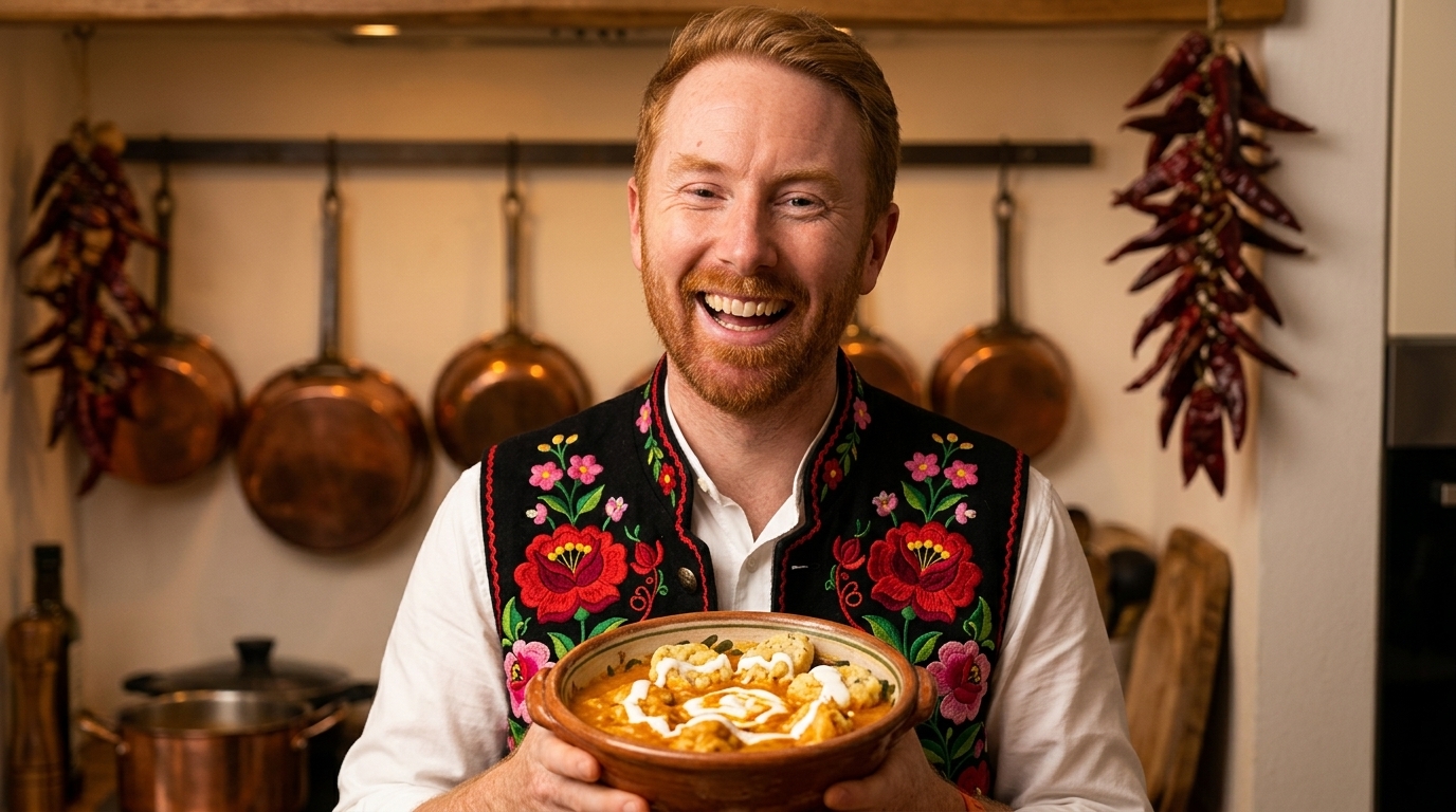 Chris Goodall cooking Hungarian Chicken Paprikash with Egg Dumplings (Csirkepaprikás és Nokedli)