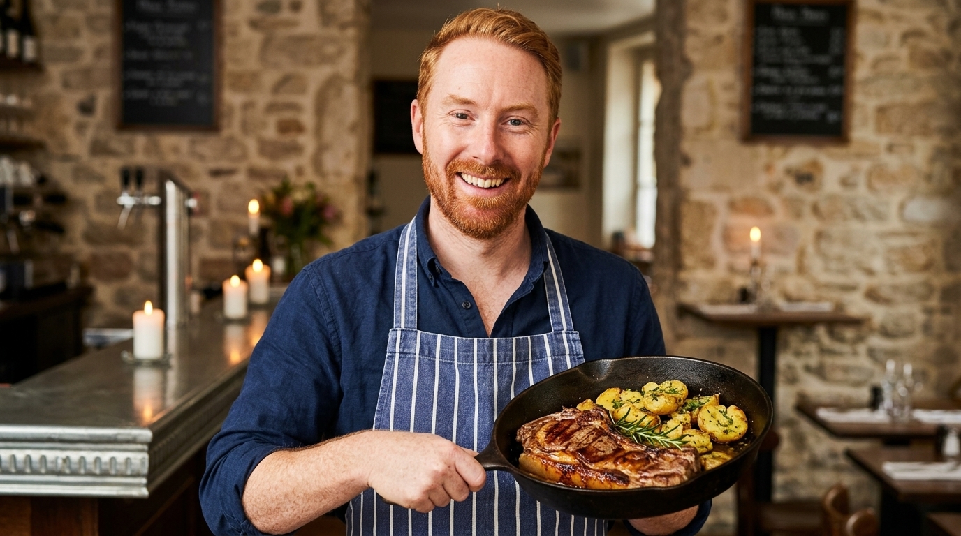 Chris Goodall cooking Grilled Lamb Entrecôte with Herbed Crushed Potatoes and Dijon Jus