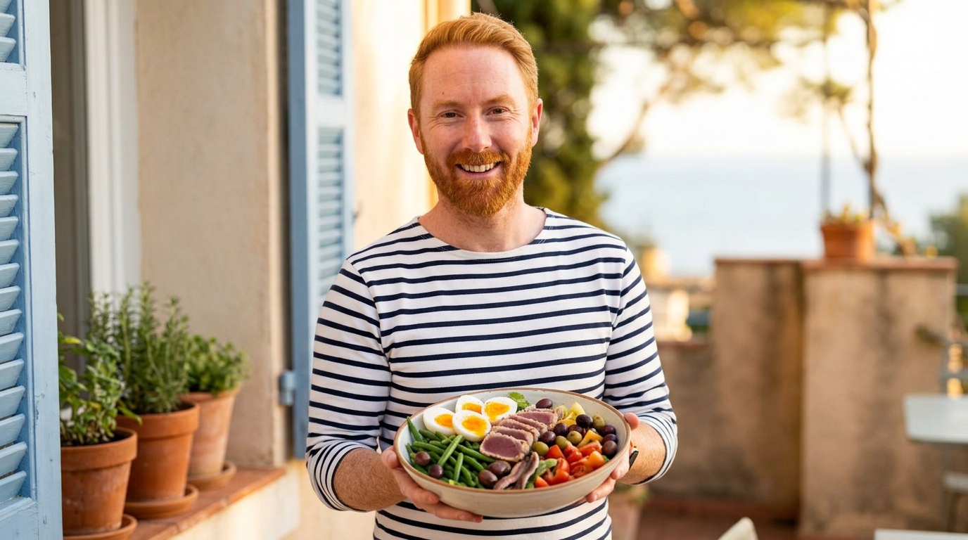 Chris Goodall cooking Salade Niçoise with Seared Tuna and Soft-Boiled Eggs