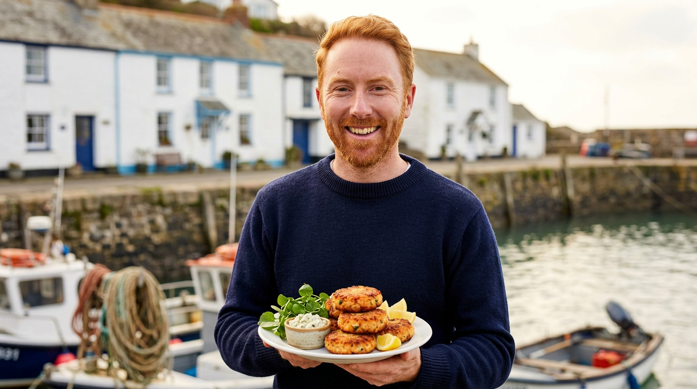 Chris Goodall cooking Classic British Salmon Fish Cakes with Tartare Sauce and Watercress